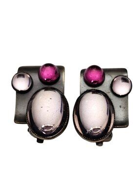 Germany Modernist Pink Cabochon Square Clip On Earrings J617